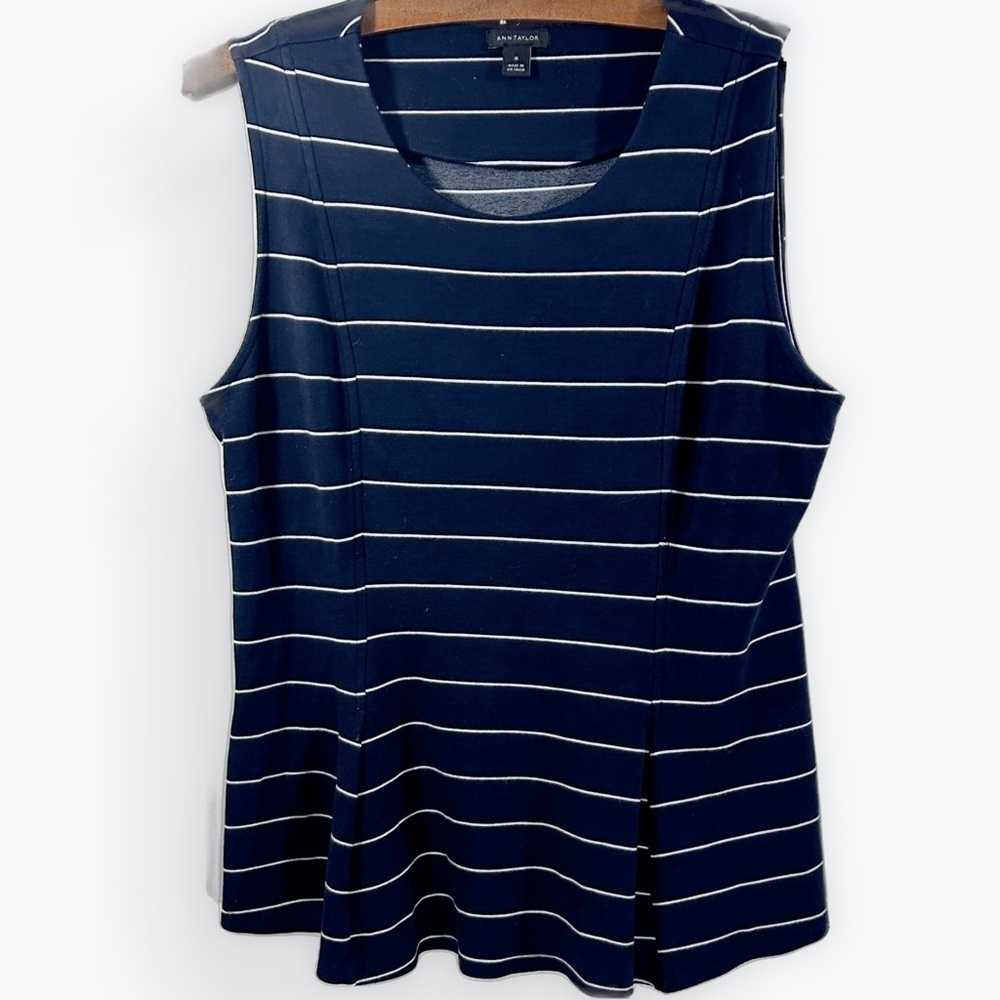 Ann Taylor Dark Blue and White Sleeveless Top Nautical Fitted Peplum